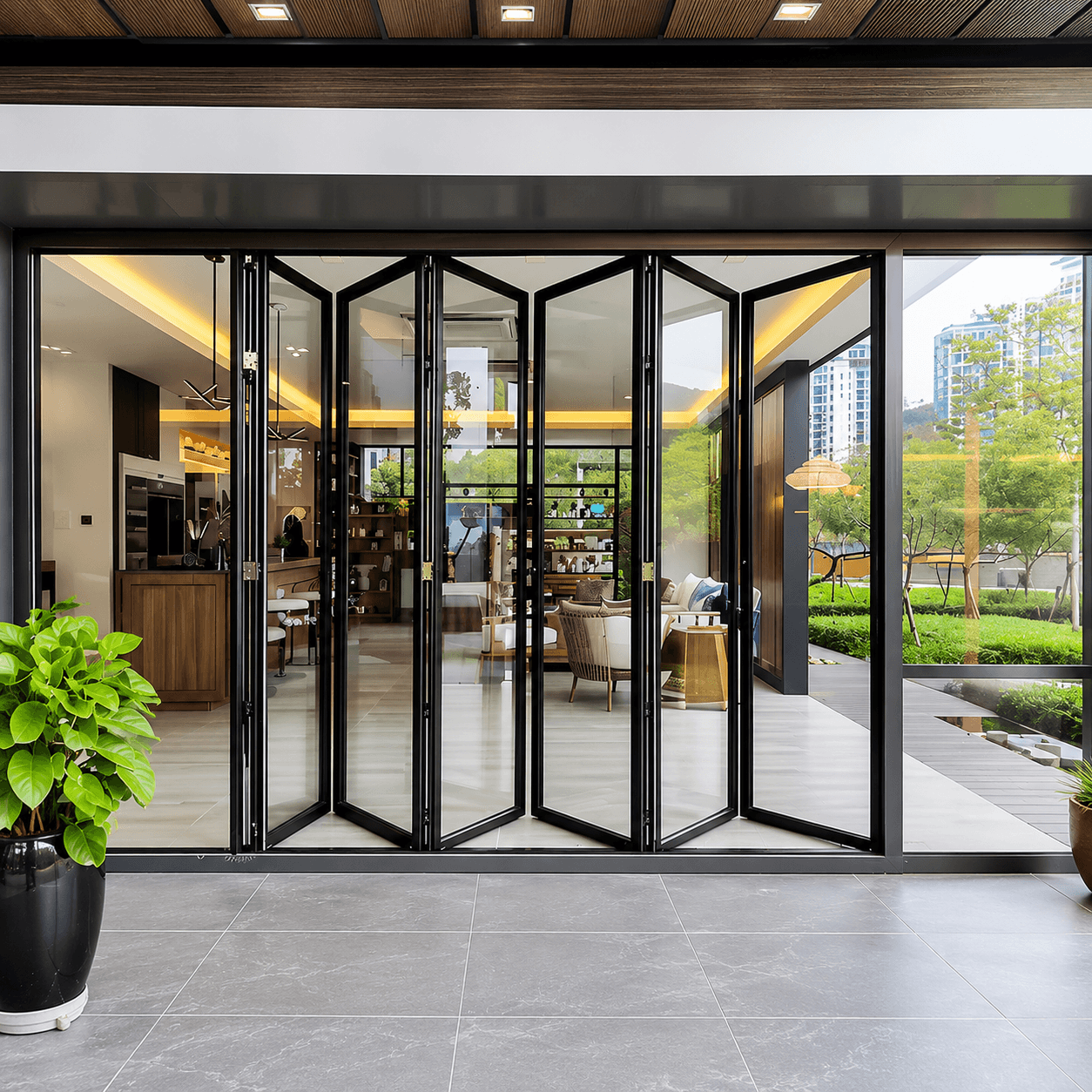 Contemporary house with slim grey aluminium doors opening to a garden