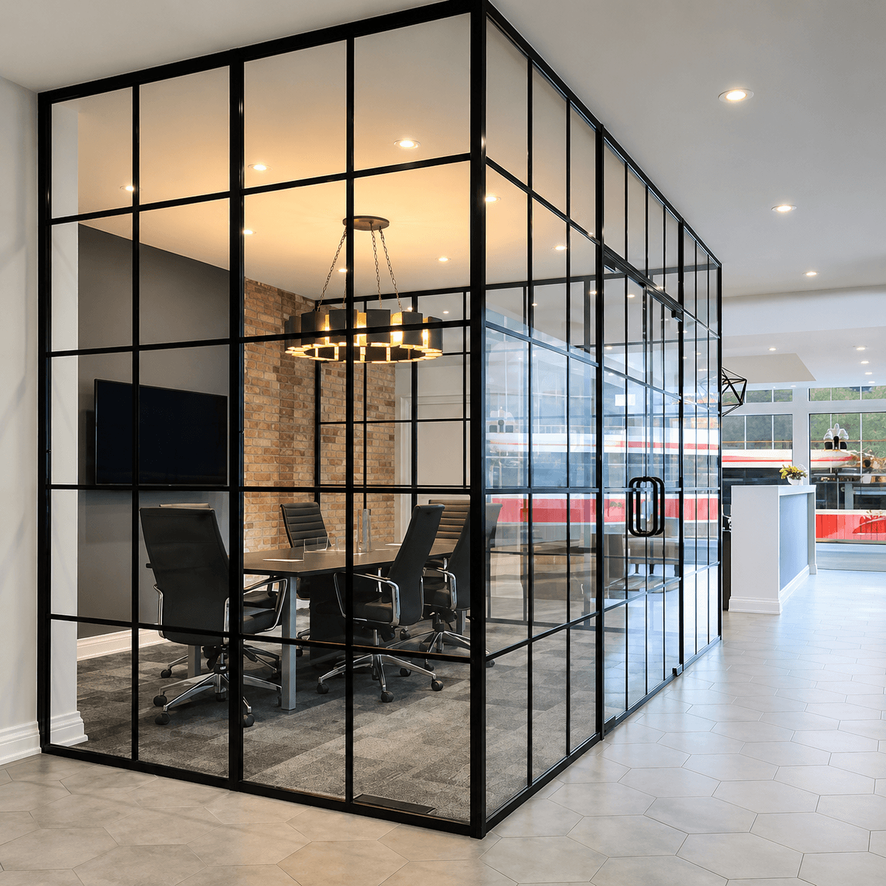 Slim aluminium framed glass partition dividing an interior space