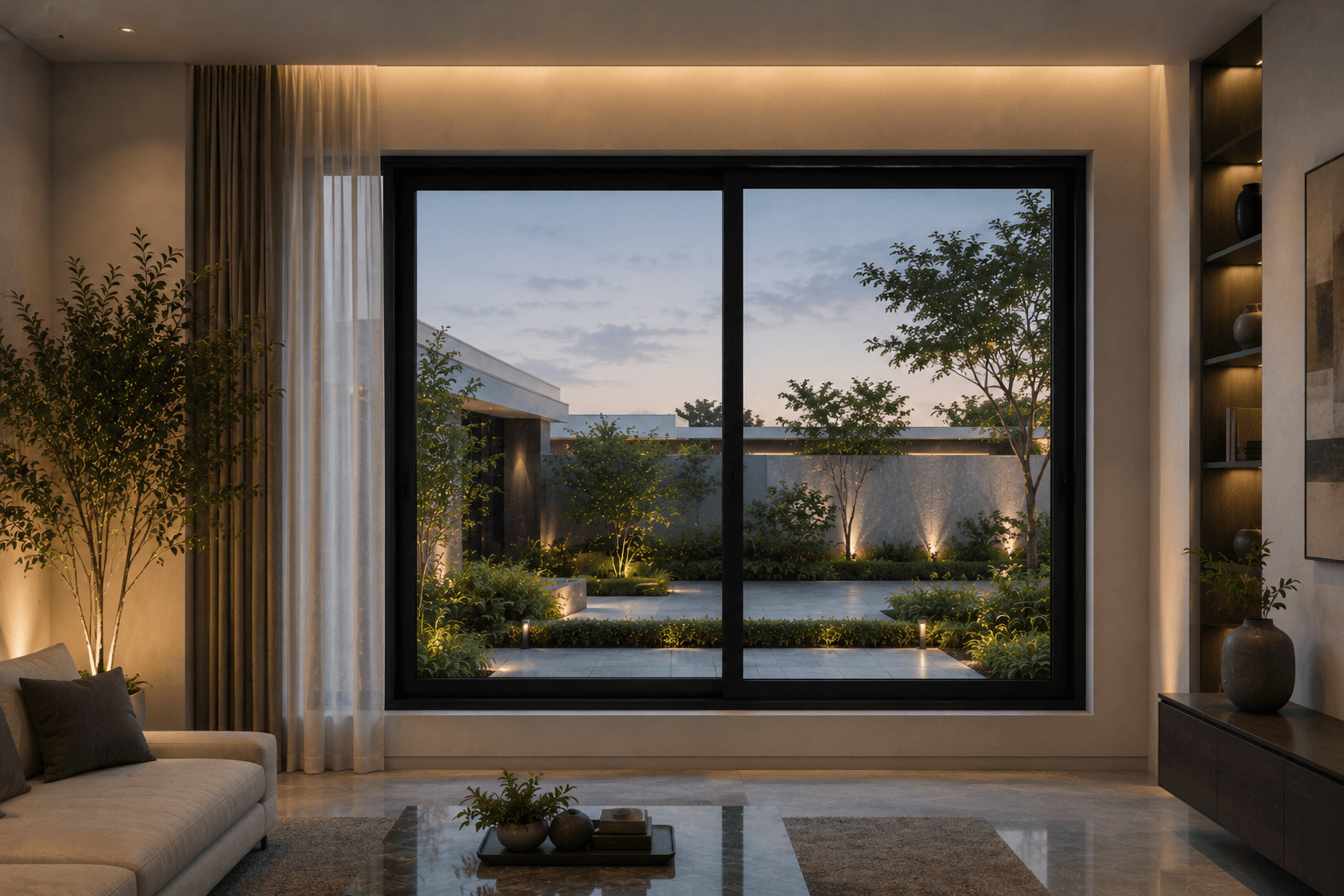 Living room with a black-framed aluminium sliding window opening onto a landscaped courtyard at dusk